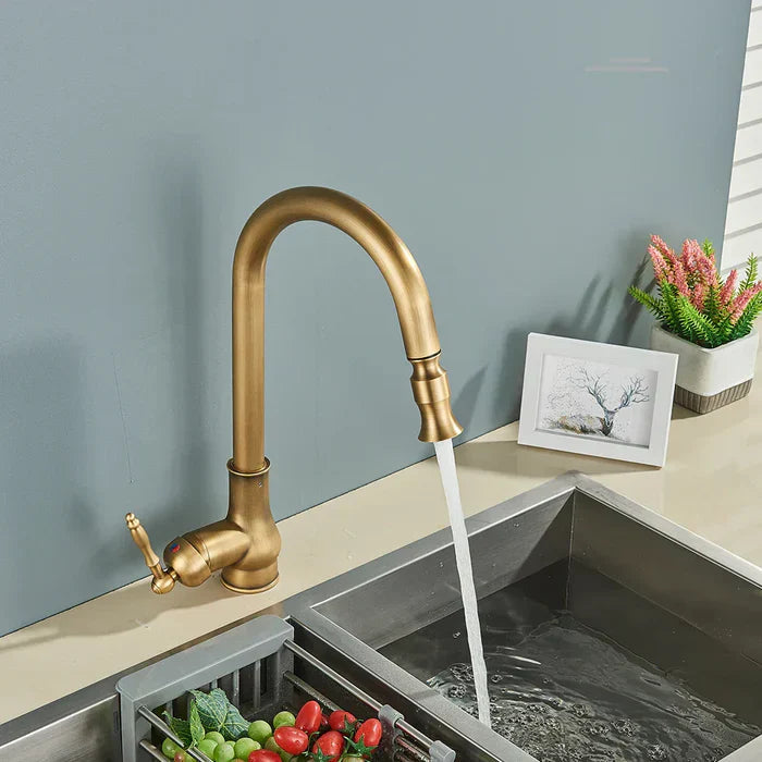 Kitchen Faucet High Gooseneck Pull-Out Swivel Antique Brass