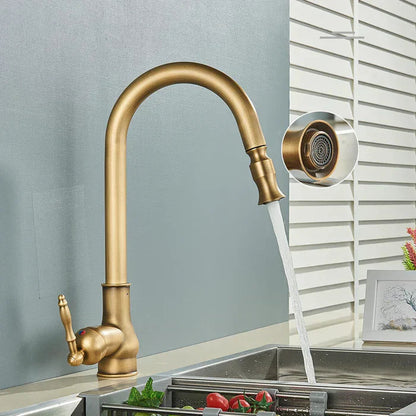 Kitchen Faucet High Gooseneck Pull-Out Swivel Antique Brass