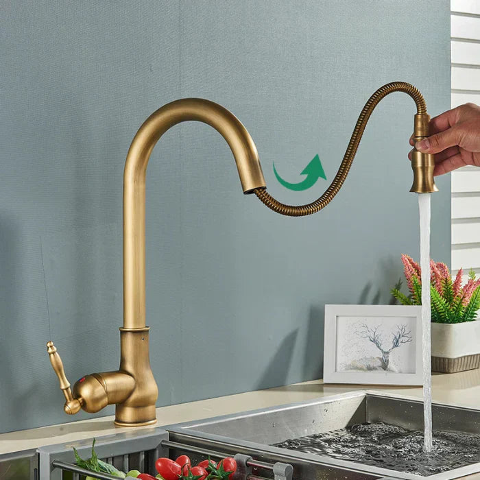 Kitchen Faucet High Gooseneck Pull-Out Swivel Antique Brass