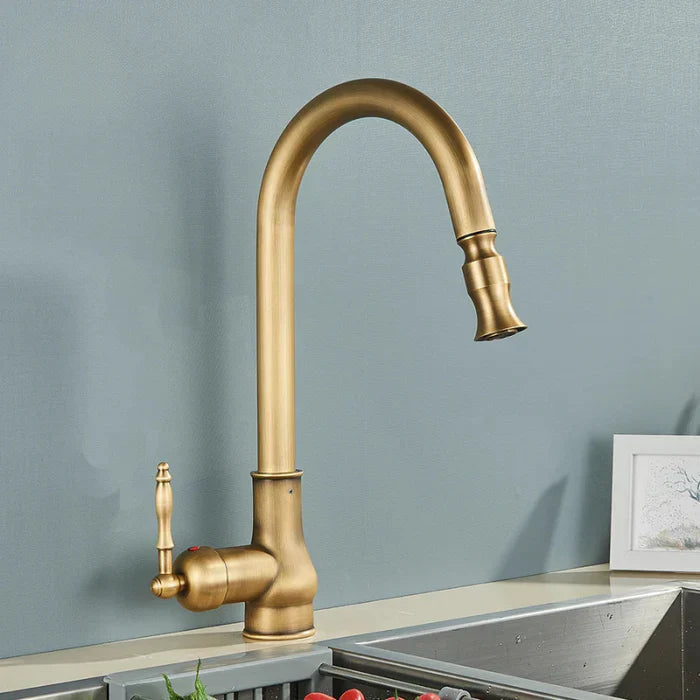 Kitchen Faucet High Gooseneck Pull-Out Swivel Antique Brass