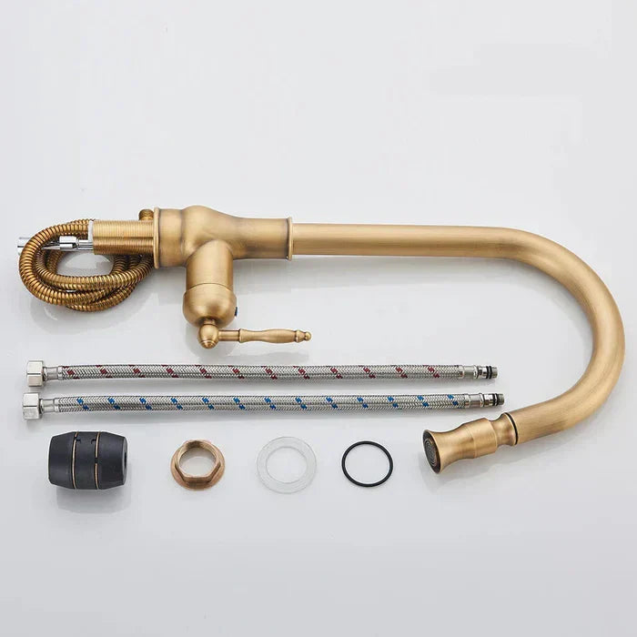 Kitchen Faucet High Gooseneck Pull-Out Swivel Antique Brass
