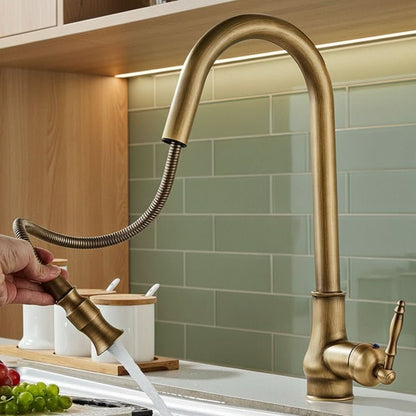 Kitchen Faucet Retractable Spray Head High-Arc Antique Brass