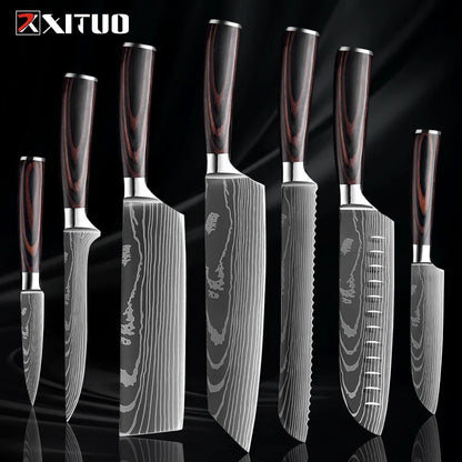 Kitchen Knife Collection - Stainless Steel Chef, Santoku & Fruit Knives in Sets of 1-9 with Ergonomic Pakkawood Handle