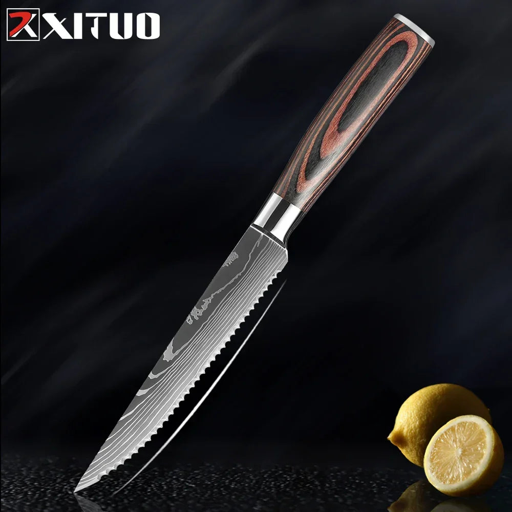 Kitchen Knife Collection - Stainless Steel Chef, Santoku & Fruit Knives in Sets of 1-9 with Ergonomic Pakkawood Handle