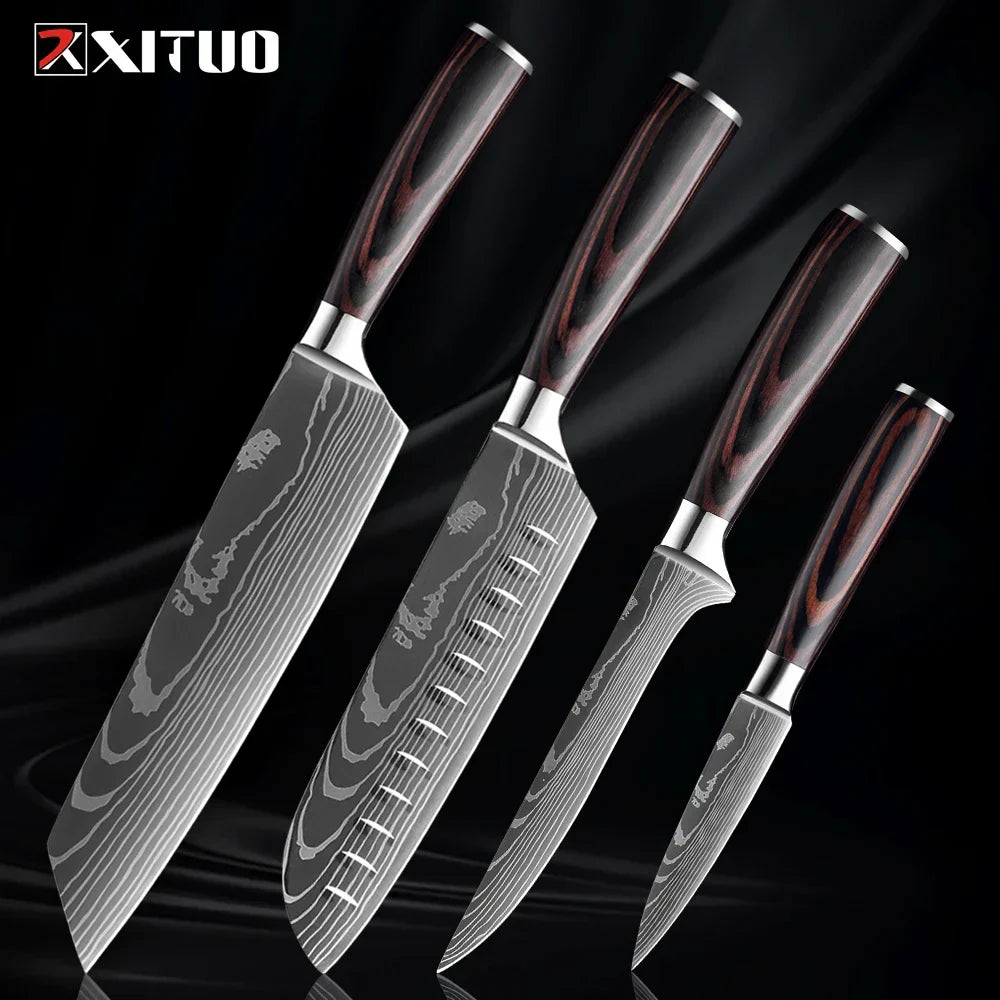 Kitchen Knife Collection - Stainless Steel Chef, Santoku & Fruit Knives in Sets of 1-9 with Ergonomic Pakkawood Handle