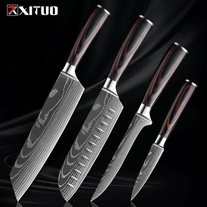 Kitchen Knife Collection - Stainless Steel Chef, Santoku & Fruit Knives in Sets of 1-9 with Ergonomic Pakkawood Handle