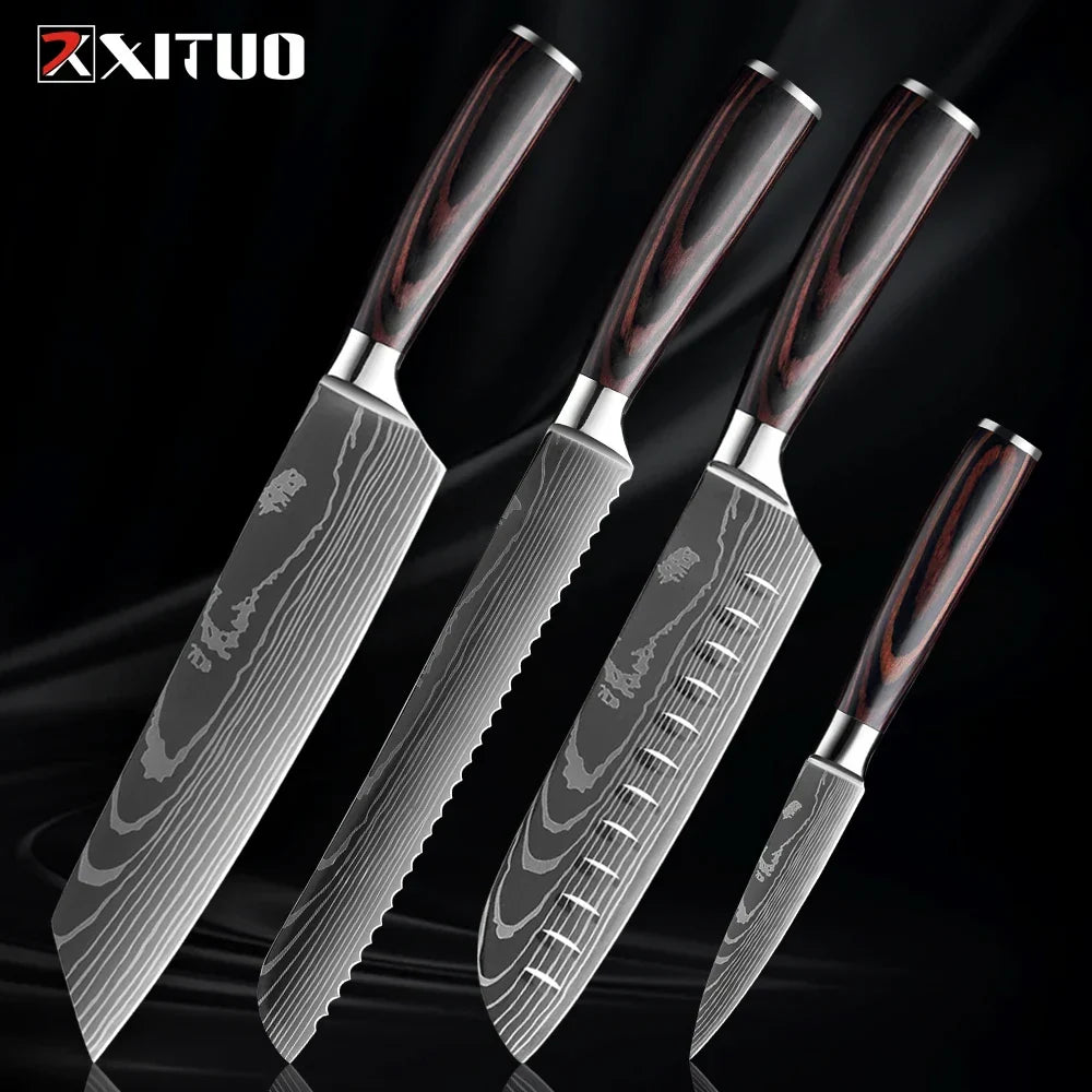 Kitchen Knife Collection - Stainless Steel Chef, Santoku & Fruit Knives in Sets of 1-9 with Ergonomic Pakkawood Handle