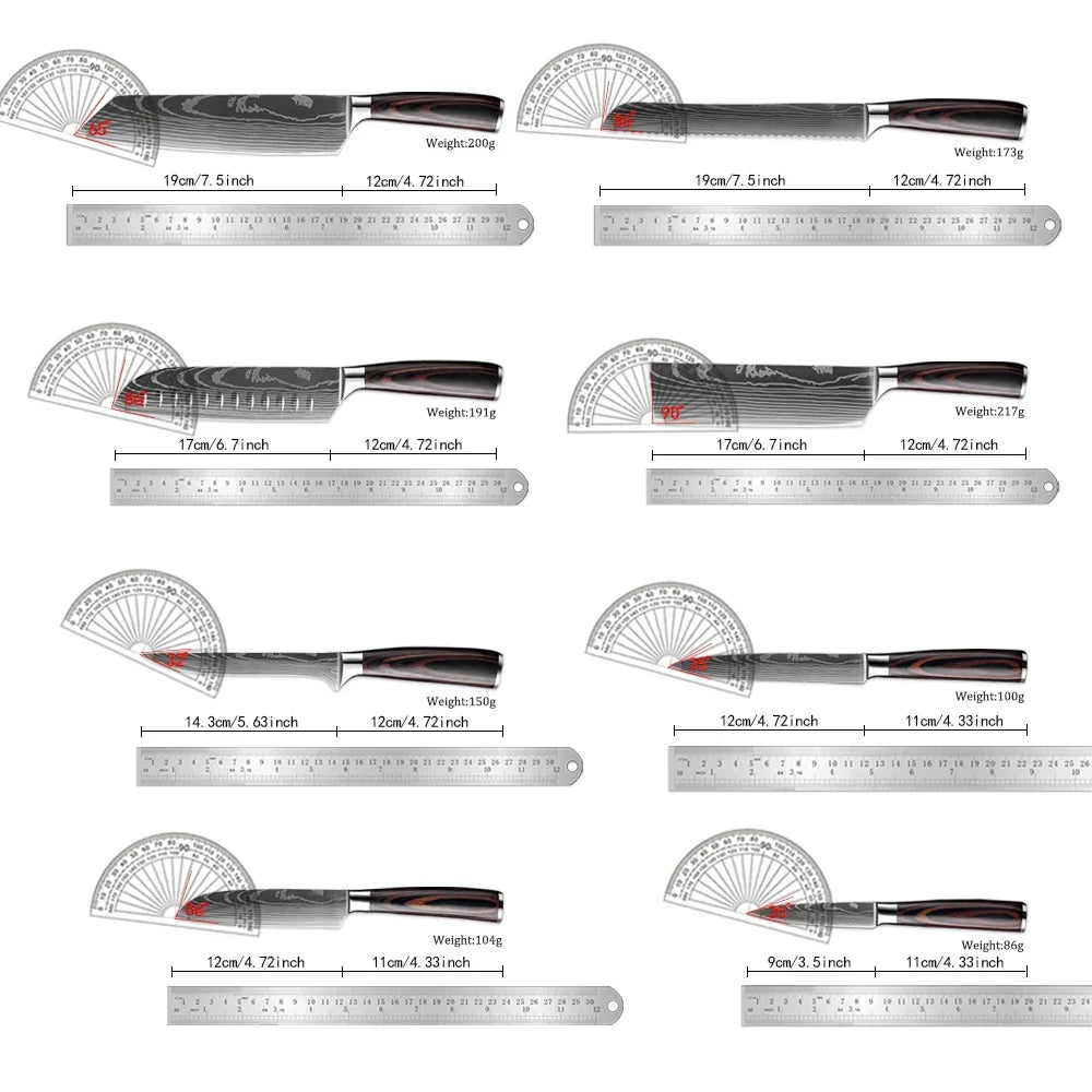 Kitchen Knife Collection - Stainless Steel Chef, Santoku & Fruit Knives in Sets of 1-9 with Ergonomic Pakkawood Handle