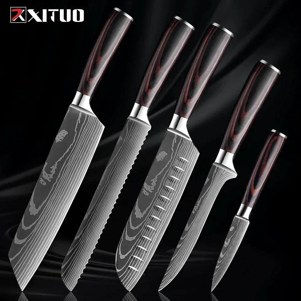 Kitchen Knife Collection - Stainless Steel Chef, Santoku & Fruit Knives in Sets of 1-9 with Ergonomic Pakkawood Handle