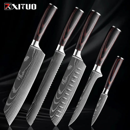 Kitchen Knife Collection - Stainless Steel Chef, Santoku & Fruit Knives in Sets of 1-9 with Ergonomic Pakkawood Handle