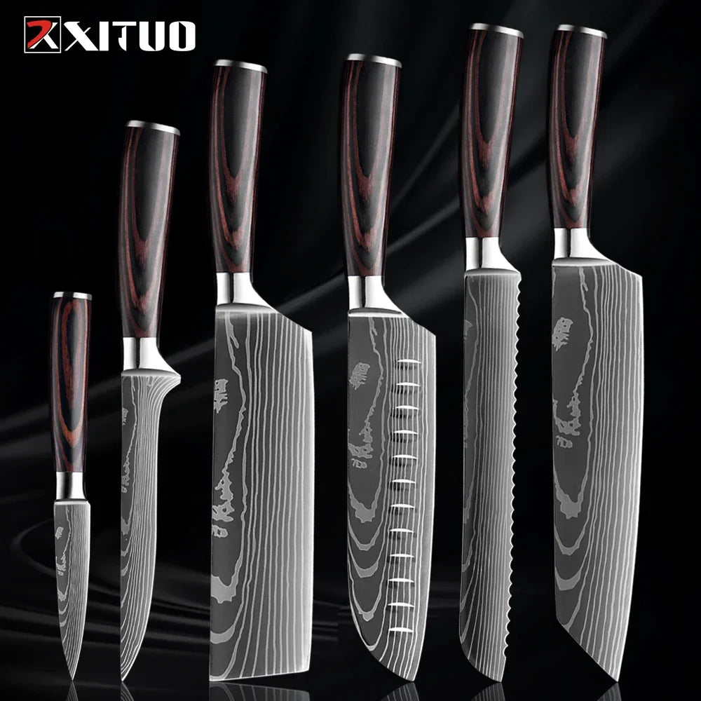 Kitchen Knife Collection - Stainless Steel Chef, Santoku & Fruit Knives in Sets of 1-9 with Ergonomic Pakkawood Handle