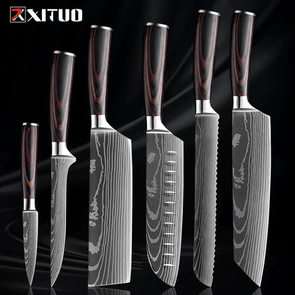 Kitchen Knife Collection - Stainless Steel Chef, Santoku & Fruit Knives in Sets of 1-9 with Ergonomic Pakkawood Handle