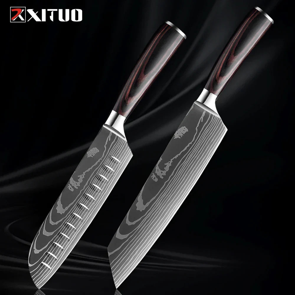 Kitchen Knife Collection - Stainless Steel Chef, Santoku & Fruit Knives in Sets of 1-9 with Ergonomic Pakkawood Handle
