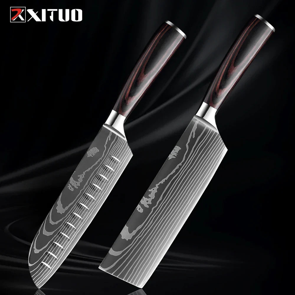 Kitchen Knife Collection - Stainless Steel Chef, Santoku & Fruit Knives in Sets of 1-9 with Ergonomic Pakkawood Handle