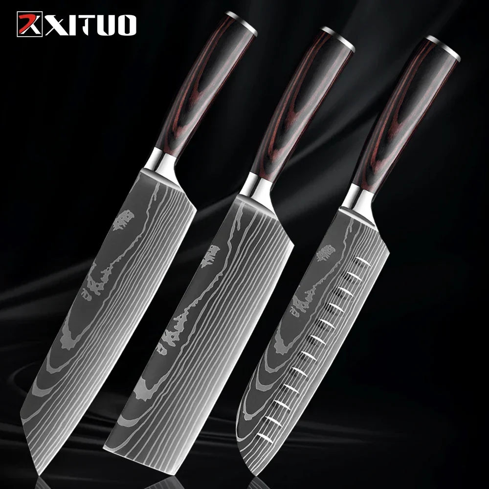 Kitchen Knife Collection - Stainless Steel Chef, Santoku & Fruit Knives in Sets of 1-9 with Ergonomic Pakkawood Handle