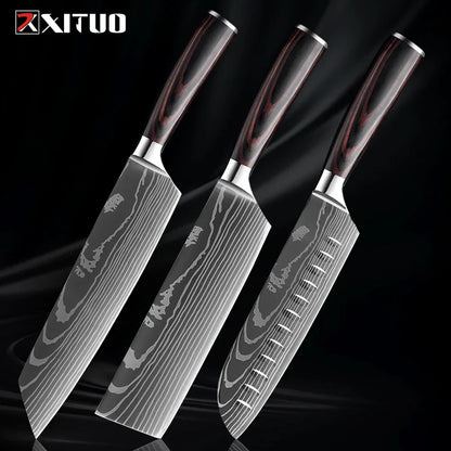 Kitchen Knife Collection - Stainless Steel Chef, Santoku & Fruit Knives in Sets of 1-9 with Ergonomic Pakkawood Handle