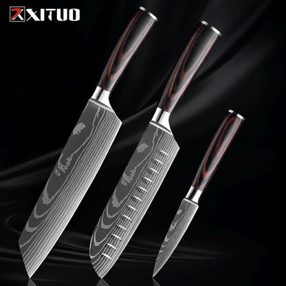 Kitchen Knife Collection - Stainless Steel Chef, Santoku & Fruit Knives in Sets of 1-9 with Ergonomic Pakkawood Handle