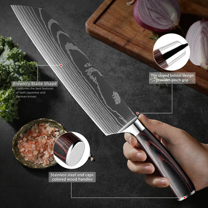 Kitchen Knife Collection - Stainless Steel Chef, Santoku & Fruit Knives in Sets of 1-9 with Ergonomic Pakkawood Handle