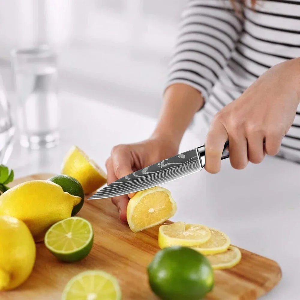 Kitchen Knife Collection - Stainless Steel Chef, Santoku & Fruit Knives in Sets of 1-9 with Ergonomic Pakkawood Handle