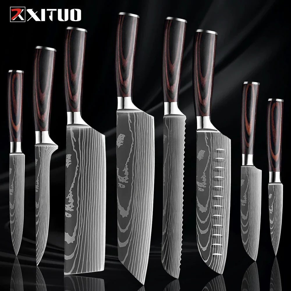 Kitchen Knife Collection - Stainless Steel Chef, Santoku & Fruit Knives in Sets of 1-9 with Ergonomic Pakkawood Handle