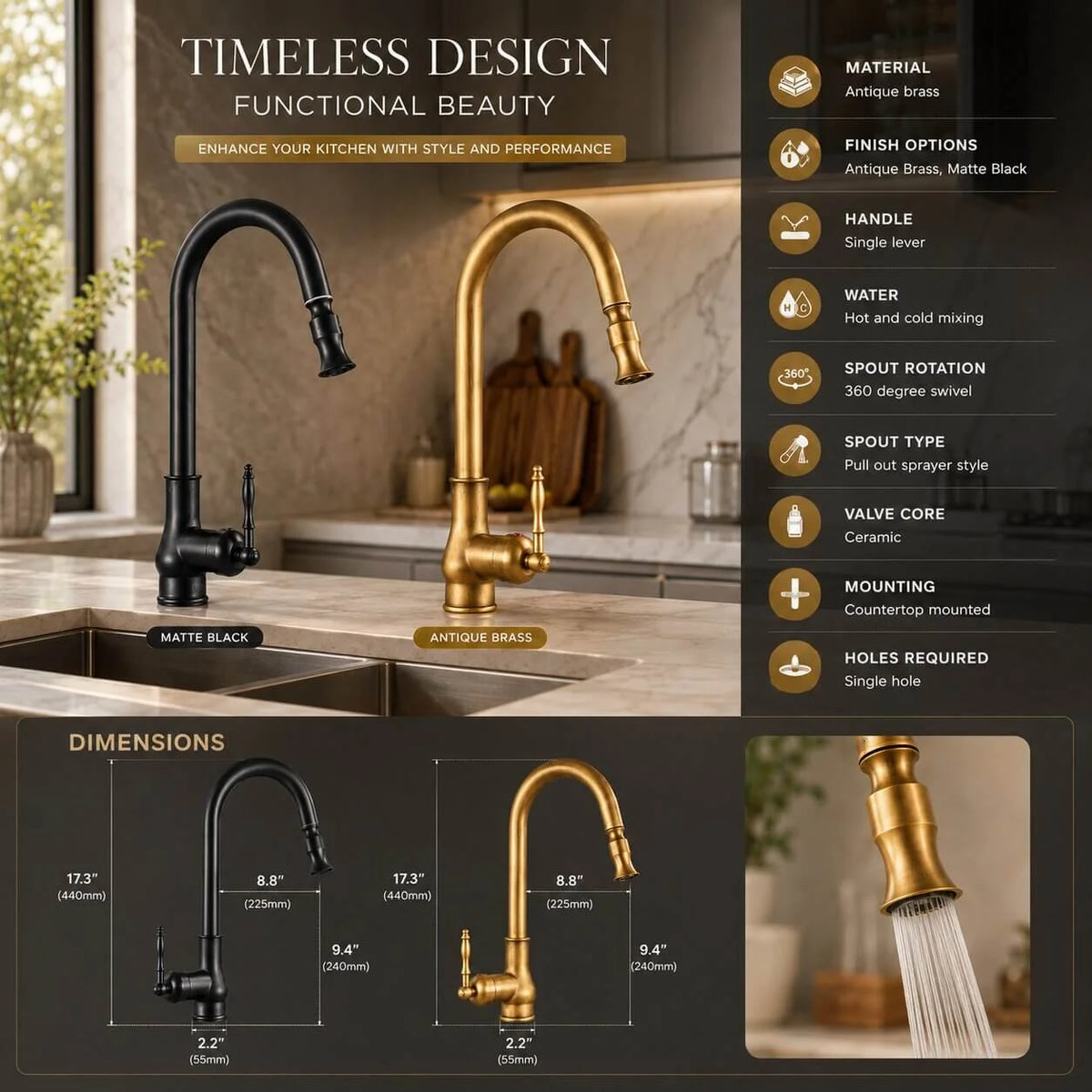 Kitchen Mixer Tap Antique Brass 360 Degree Swivel