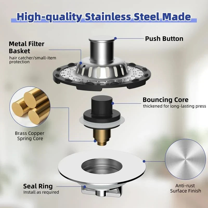 Kitchen Sink Strainer Stainless Steel Dual Stopper & Fine Mesh