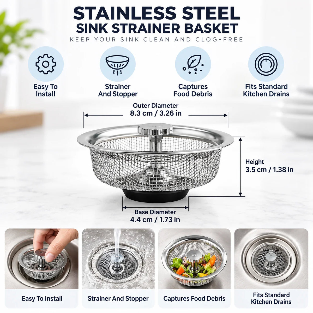 Kitchen Sink Strainer Stainless Steel Strainer & Stopper for Standard Drains