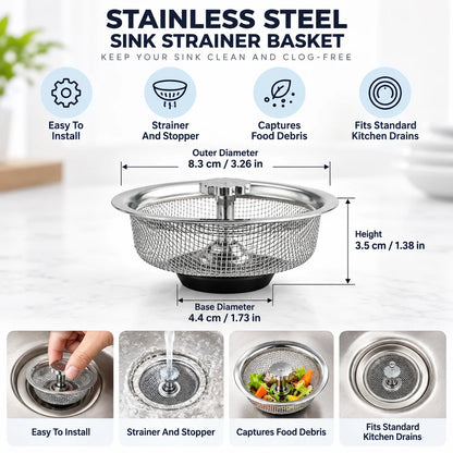 Kitchen Sink Strainer Stainless Steel Strainer & Stopper for Standard Drains