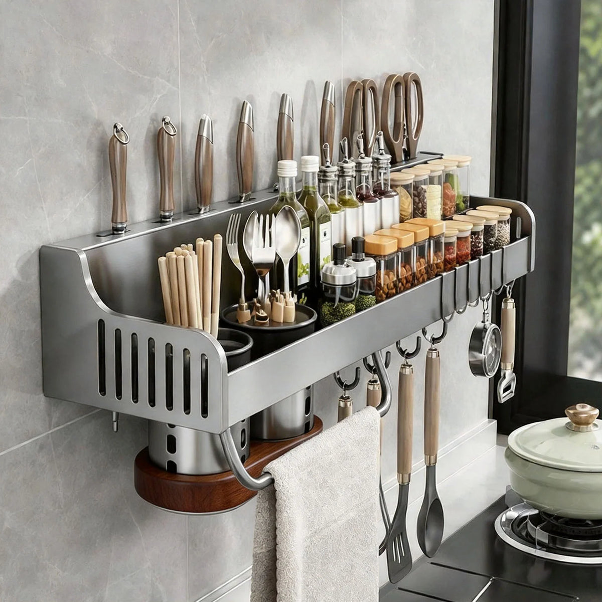Kitchen Storage Rail Stainless Steel Spice Shelf Knife Slots & Hooks