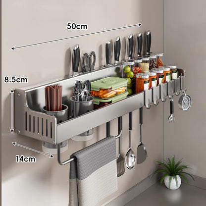 Kitchen Storage Rail Stainless Steel Spice Shelf Knife Slots & Hooks