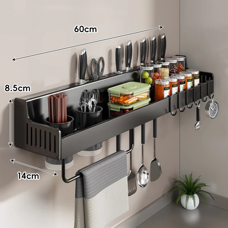 Kitchen Storage Rail Stainless Steel Spice Shelf Knife Slots & Hooks
