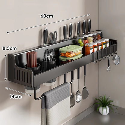 Kitchen Storage Rail Stainless Steel Spice Shelf Knife Slots & Hooks