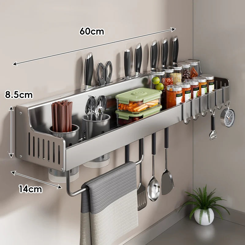 Kitchen Storage Rail Stainless Steel Spice Shelf Knife Slots & Hooks