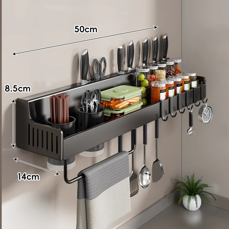 Kitchen Storage Rail Stainless Steel Spice Shelf Knife Slots & Hooks