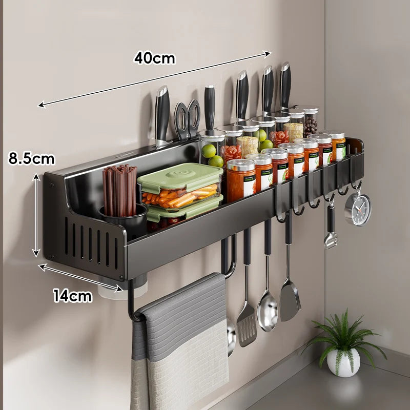 Kitchen Storage Rail Stainless Steel Spice Shelf Knife Slots & Hooks