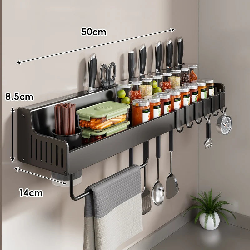 Kitchen Storage Rail Stainless Steel Spice Shelf Knife Slots & Hooks