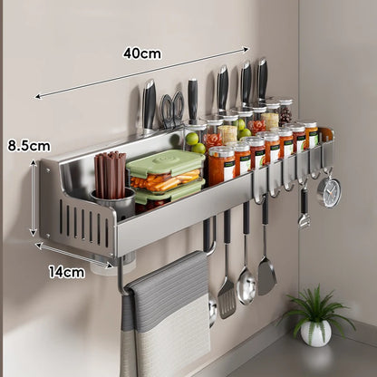 Kitchen Storage Rail Stainless Steel Spice Shelf Knife Slots & Hooks