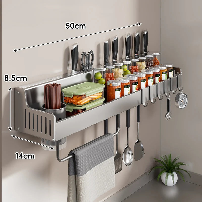 Kitchen Storage Rail Stainless Steel Spice Shelf Knife Slots & Hooks