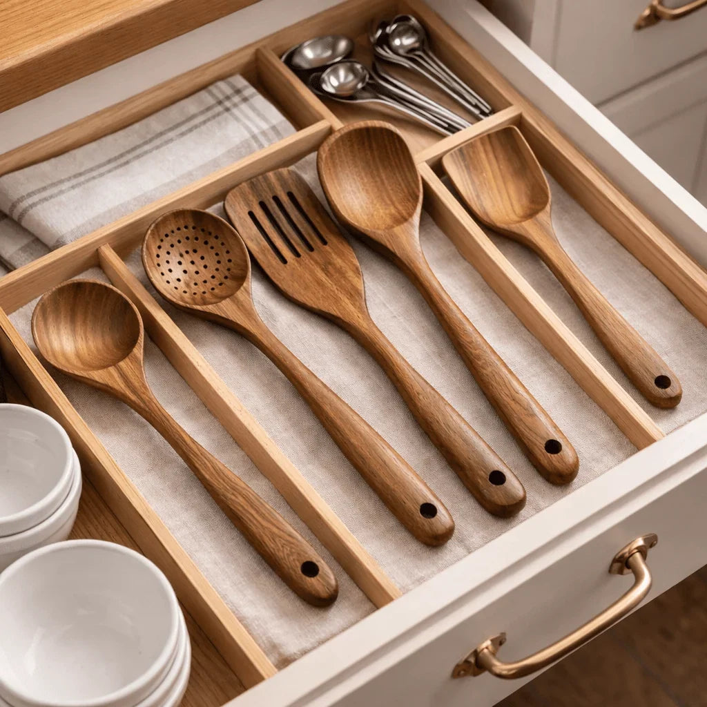Kitchen Utensil Set Natural Wood Pan-Friendly & Non-Scratch