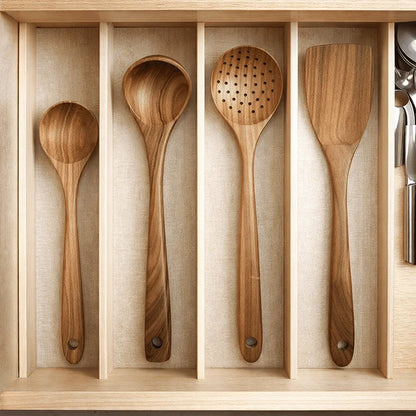 Kitchen Utensil Set Natural Wood Pan-Friendly & Non-Scratch