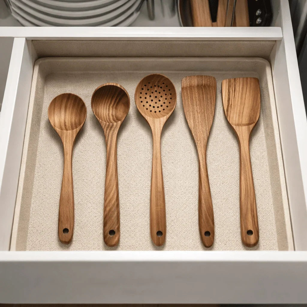 Kitchen Utensil Set Natural Wood Pan-Friendly & Non-Scratch