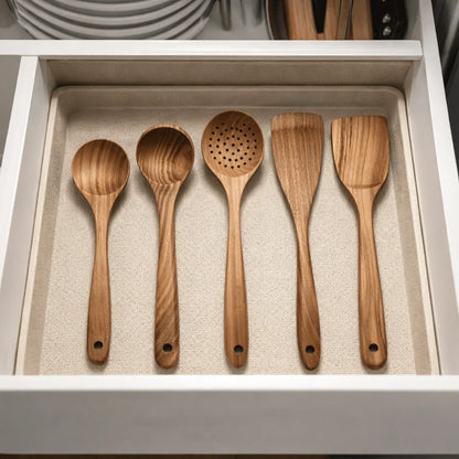 Kitchen Utensil Set Natural Wood Pan-Friendly & Non-Scratch