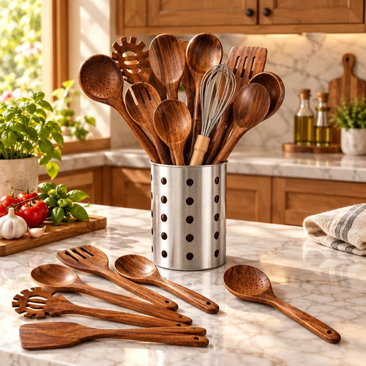 Kitchen Utensil Set Teak Wood Ergonomic & Heat-Resistant