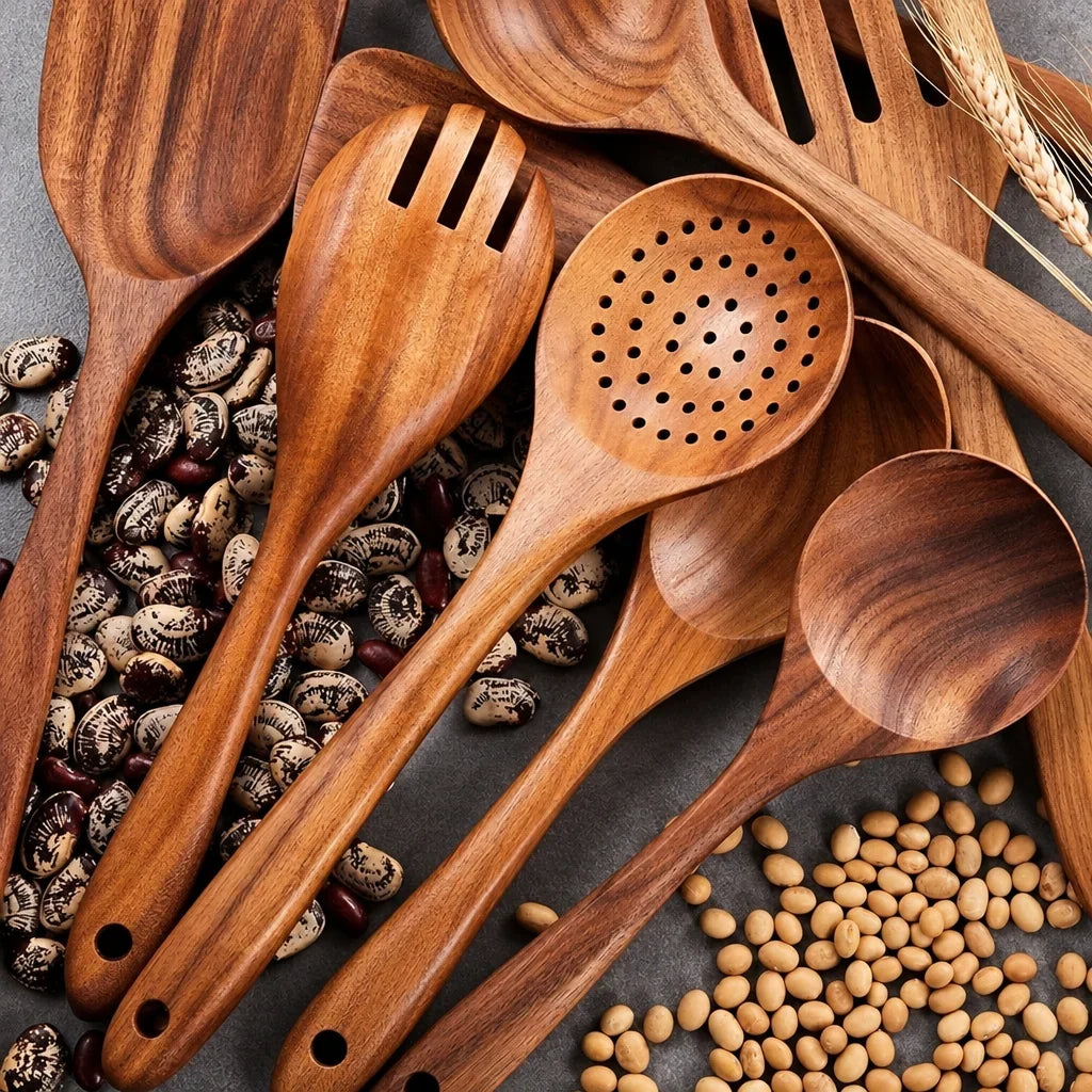Kitchen Utensil Set Teak Wood Ergonomic & Heat-Resistant