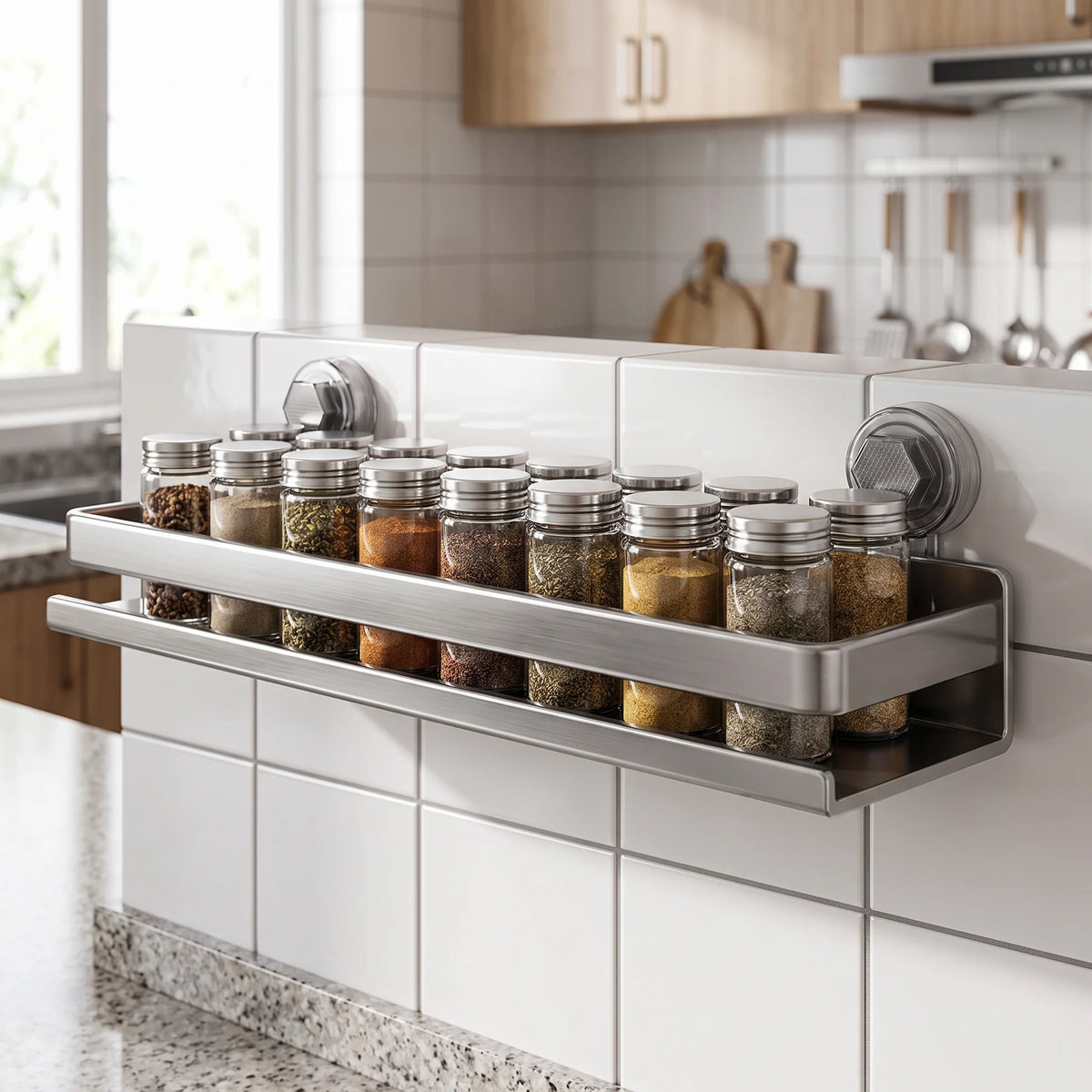 Kitchen Wall Shelf Stainless Steel No-Drill Suction Mount