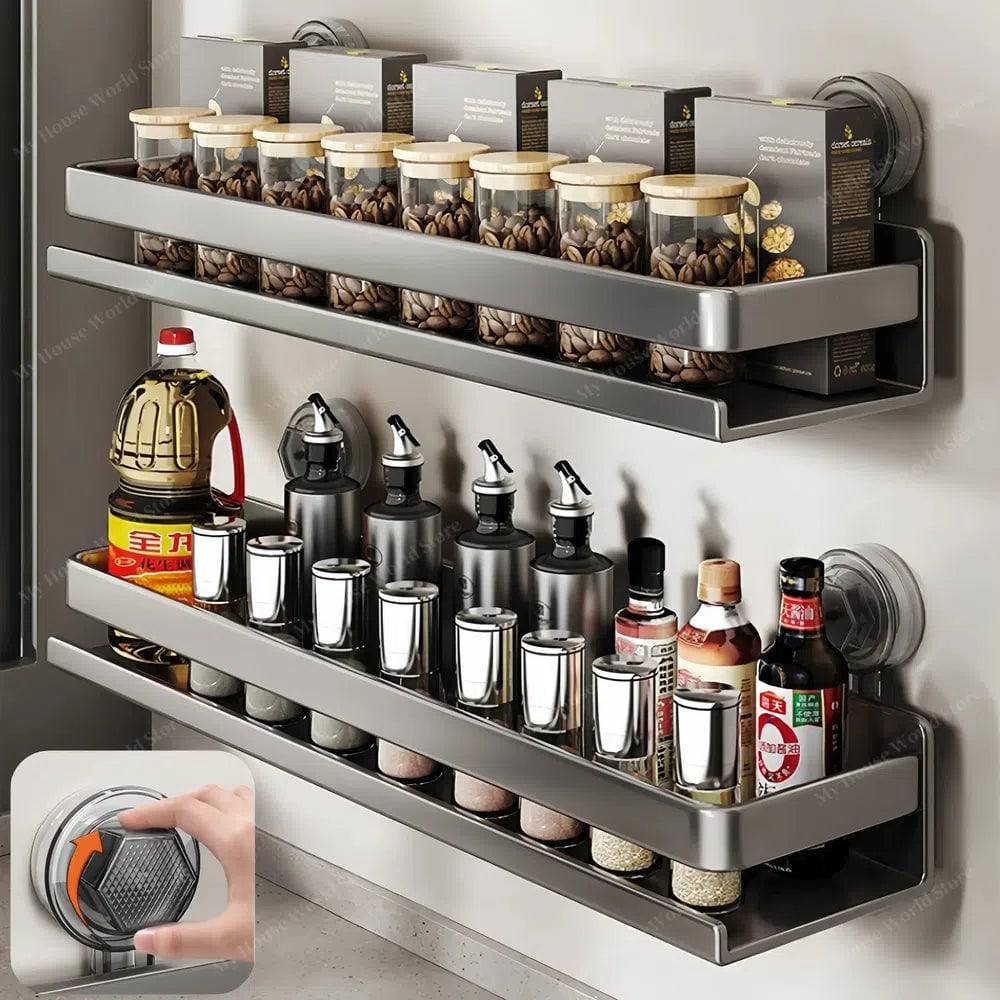 Kitchen Wall Shelf Stainless Steel No-Drill Suction Mount