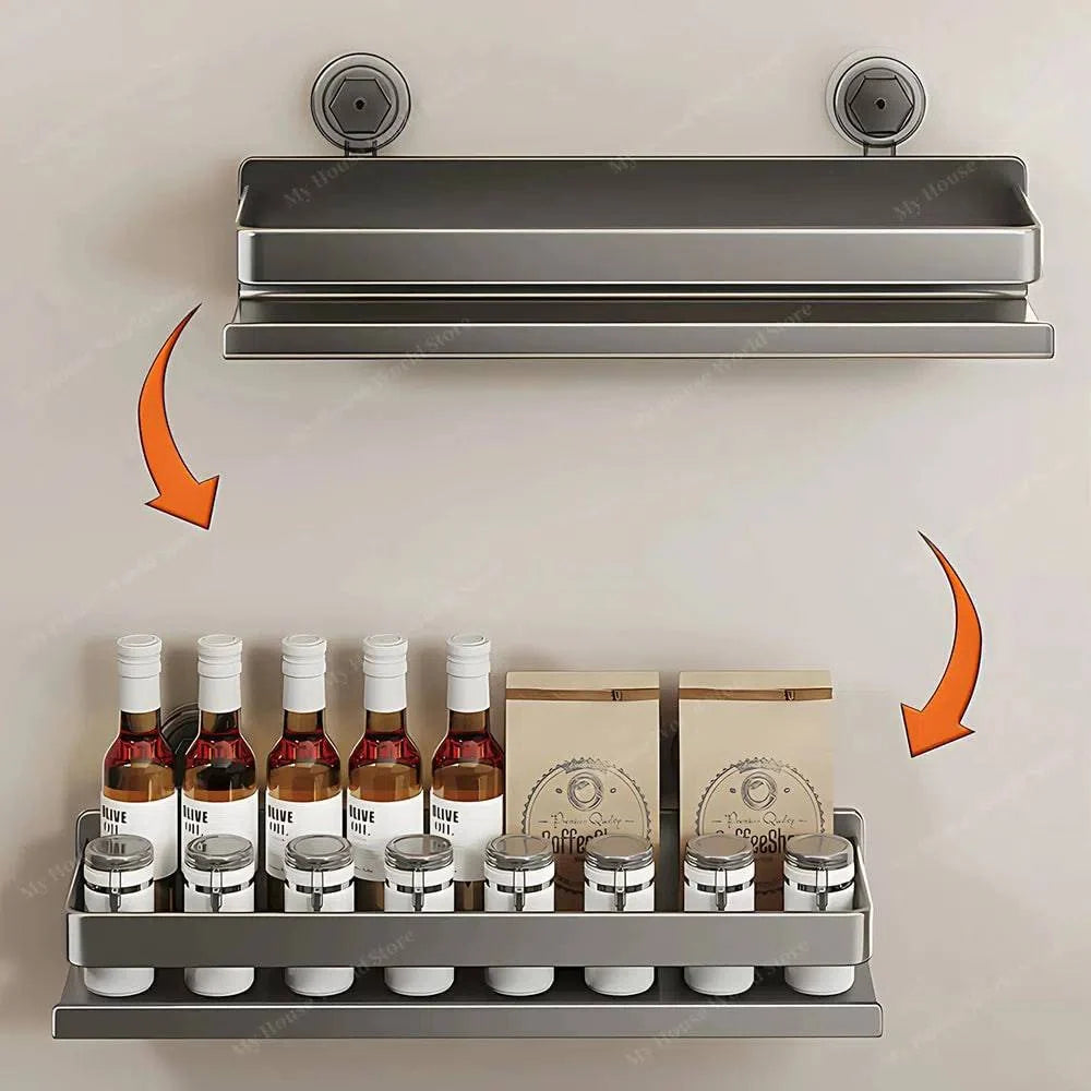 Kitchen Wall Shelf Stainless Steel No-Drill Suction Mount