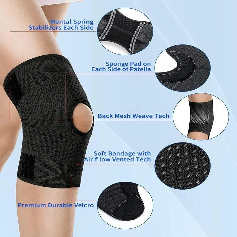 Knee Brace Open Patella Side Spring Stabilizers Adjustable Compression Straps
