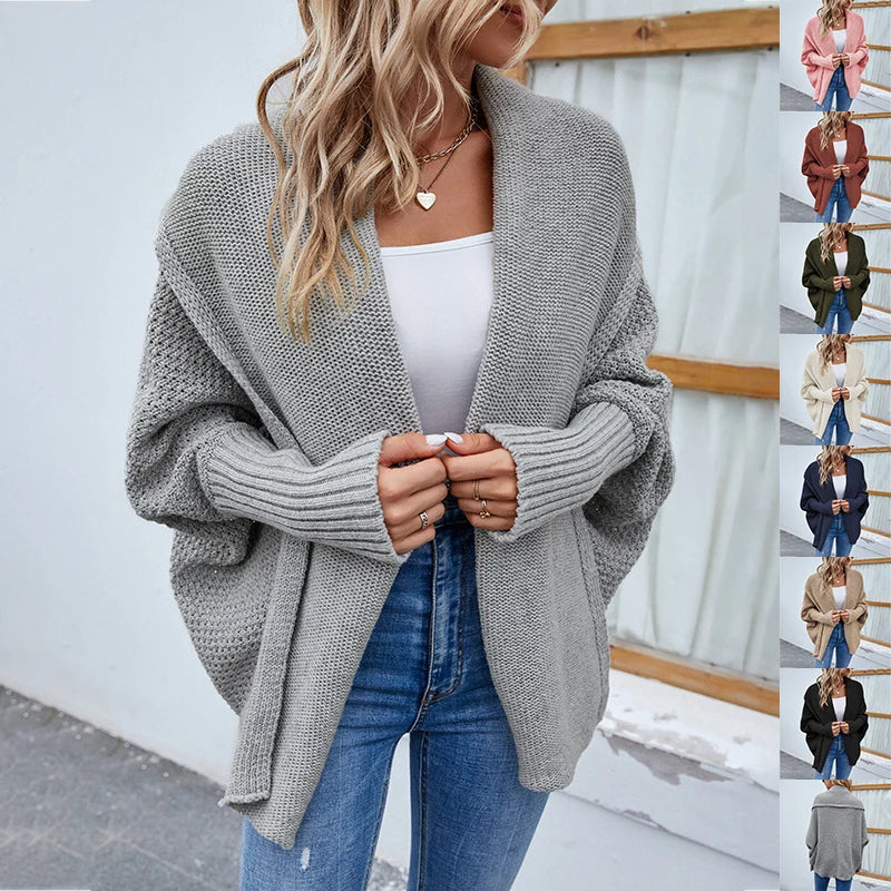 Knit Cardigan Loose Fit Batwing Sleeves Polyester Acrylic Blend