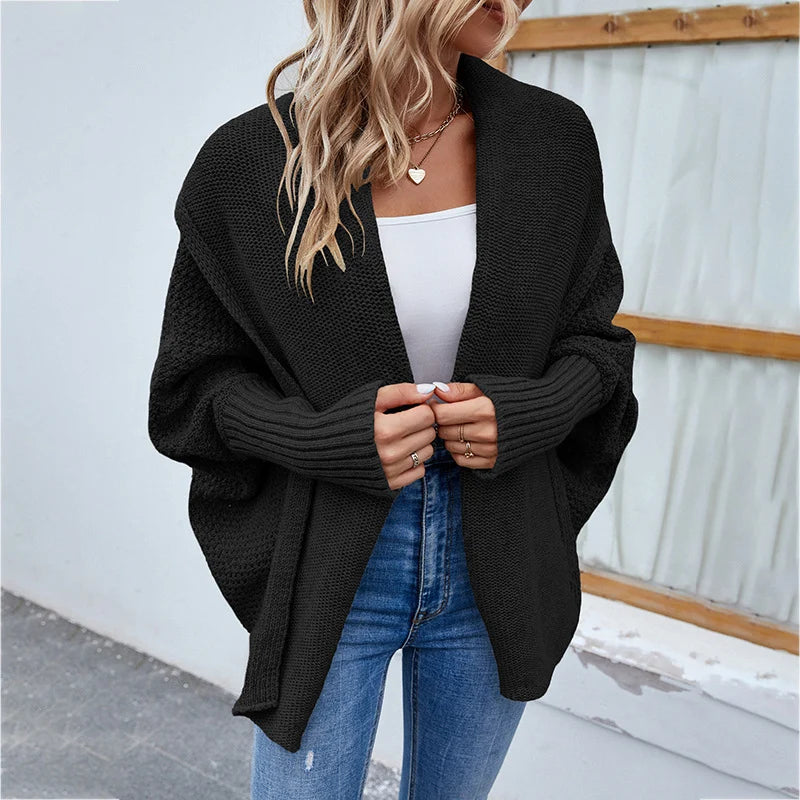 Knit Cardigan Loose Fit Batwing Sleeves Polyester Acrylic Blend